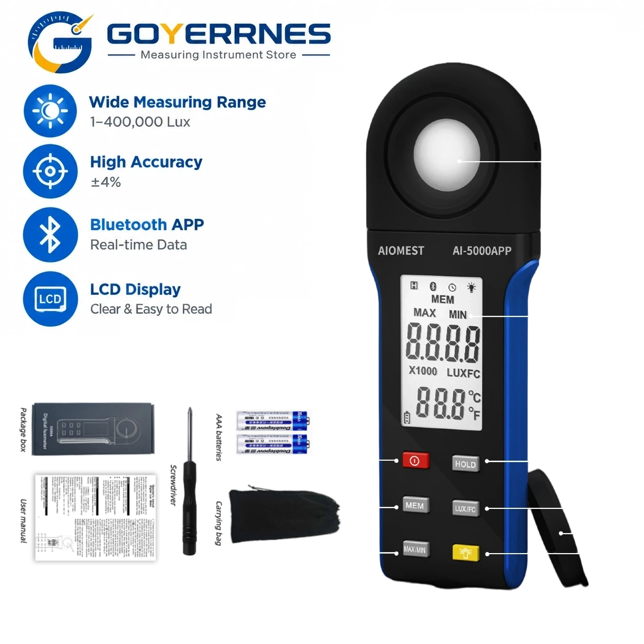 Photography Lighting Meter - Digitale Luxmeter 1-400000Lux Bluetooth Lichtsterkte Tester